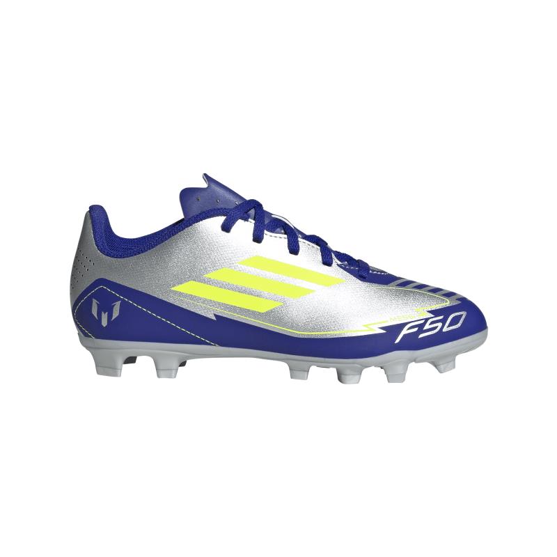 Botas de fútbol multitaco para niño ADIDAS F50 CLUB FG/MG J MESSI gris plata y azul IH0926