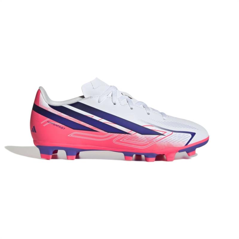 Botas de fútbol multitaco para niño ADIDAS F50 HYPERFAST CLUB FG/MG J blanca y rosa KK1308