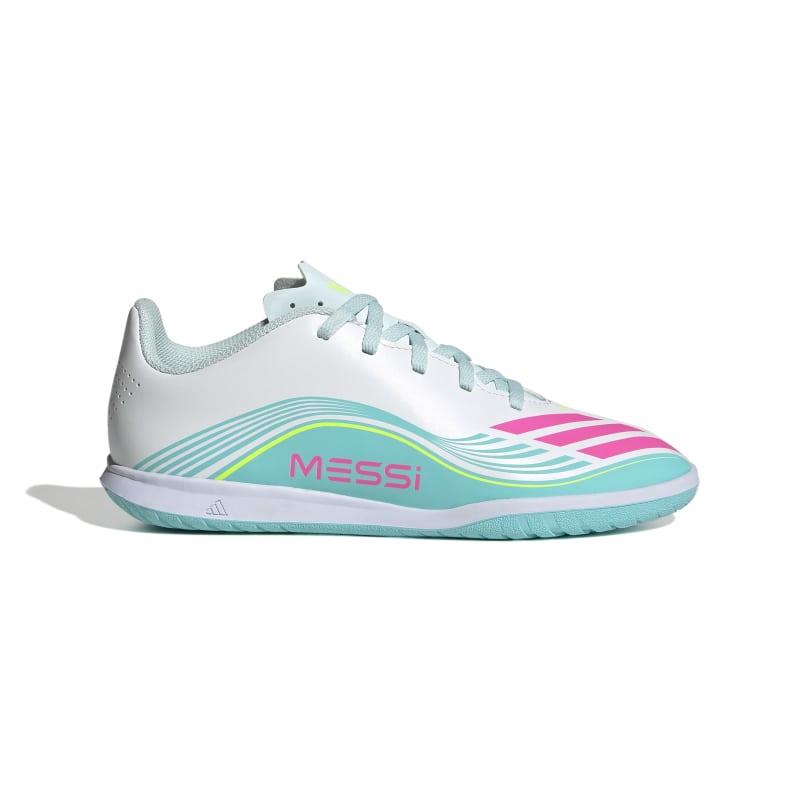 Zapatillas fútbol sala para niño ADIDAS F50 MESSI CLUB IN J blanca y azul JQ0948