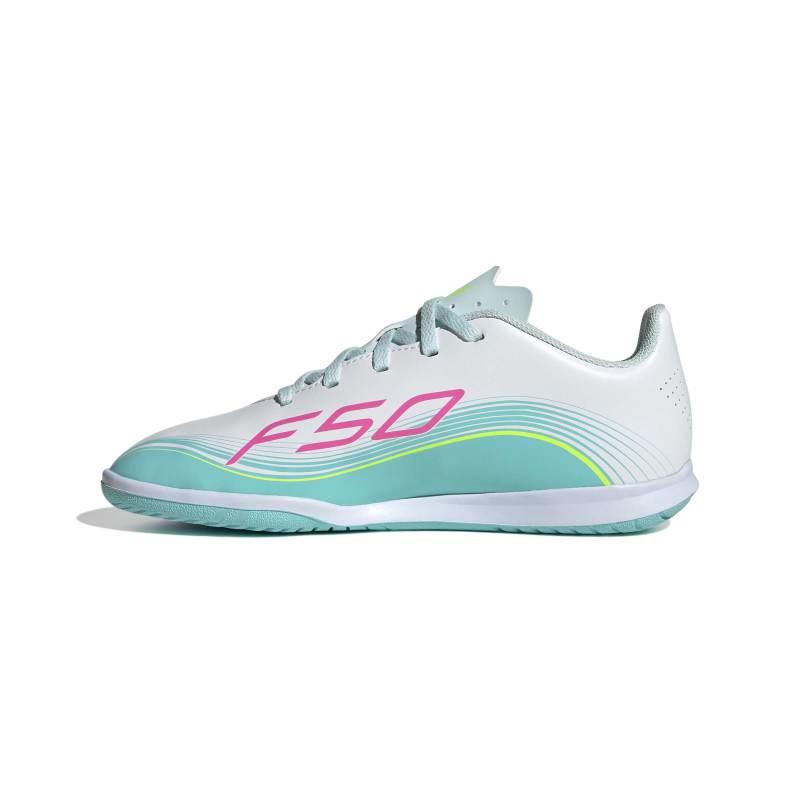 Zapatillas fútbol sala para niño ADIDAS F50 MESSI CLUB IN J blanca y azul